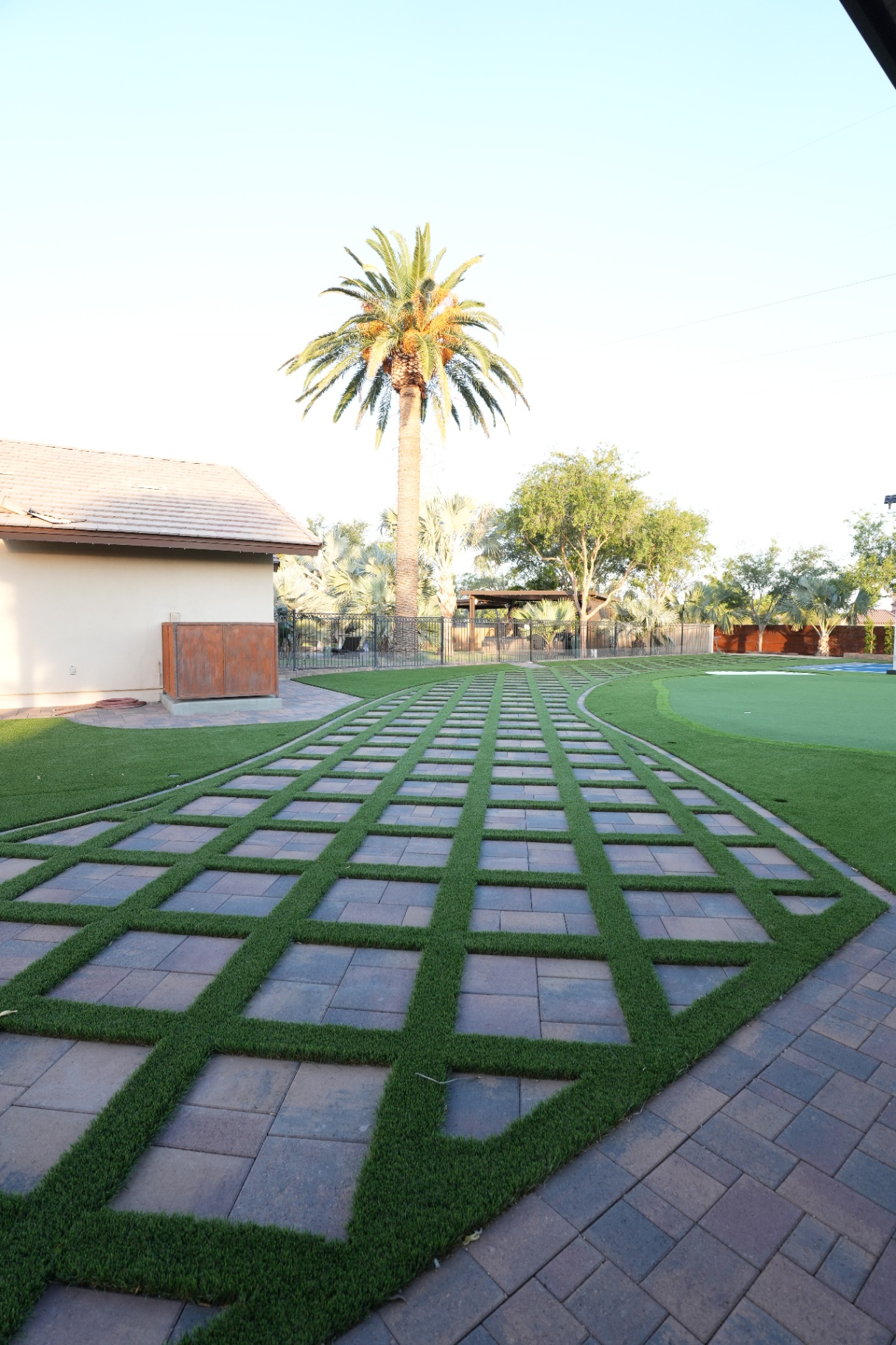 Paver field with wide turf joints leading toward a date palm