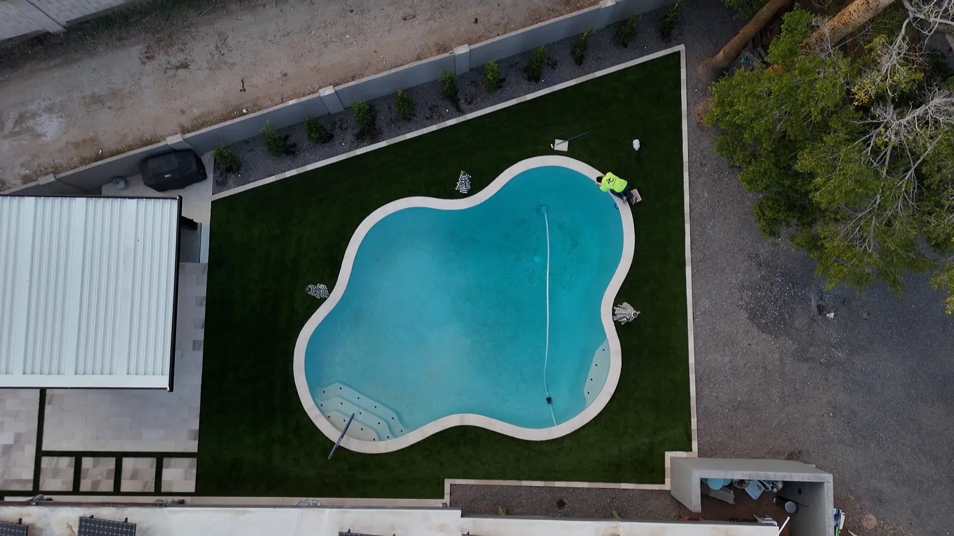 Overhead drone view of a freeform pool set in artificial turf